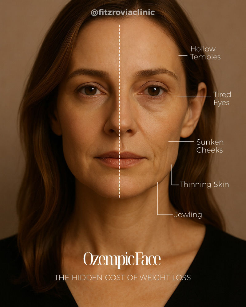 a womans face split to show the changes after weight loss with ozempic